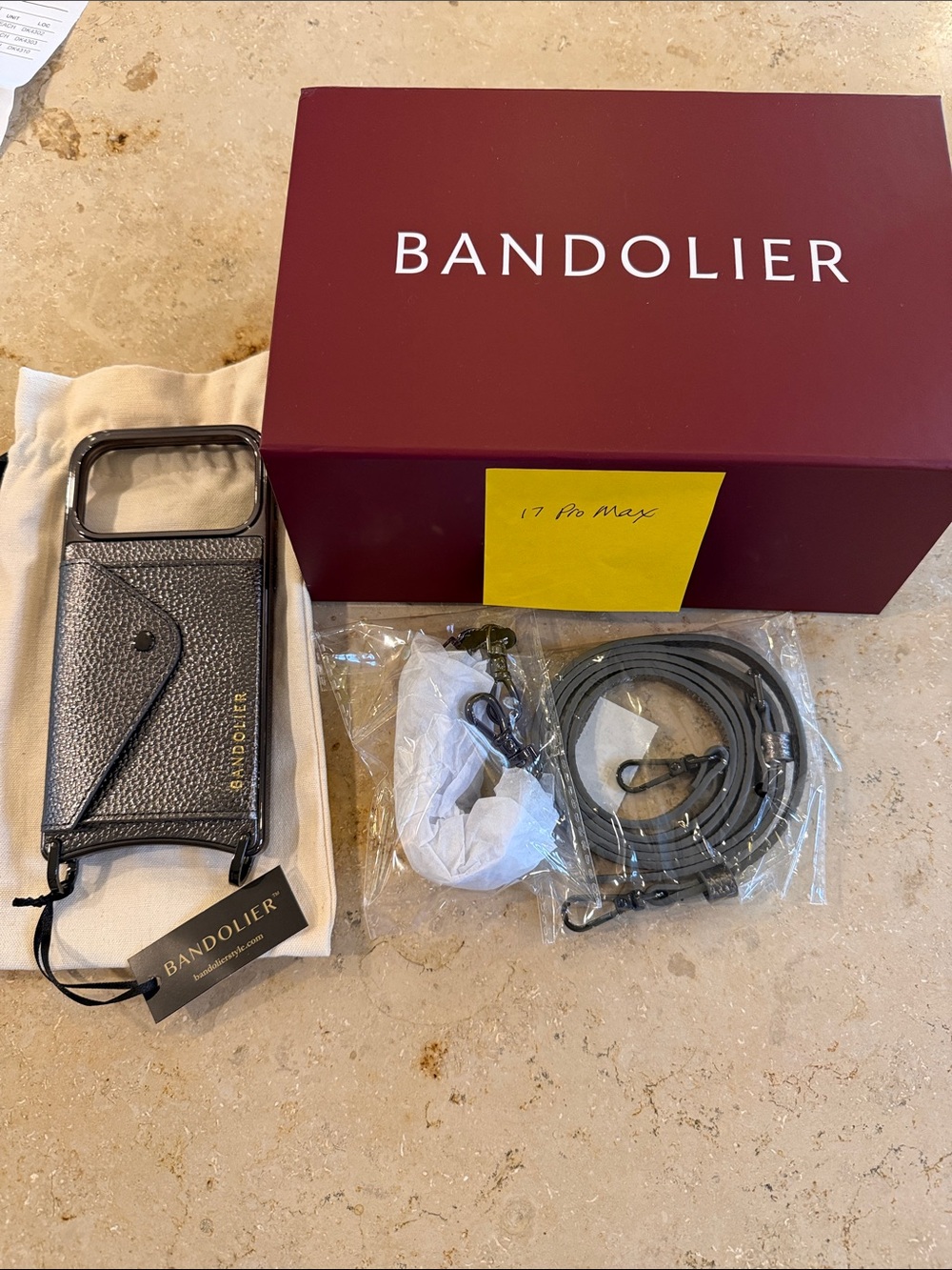 Bandolier Pewter Pebbled Leather Crossbody Phone Case with Detachable Strap